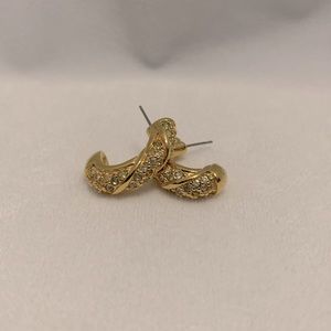 Gold Colored C shape Costume Earrings with Rhinestones